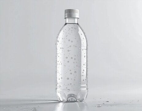 Clear plastic bottle of sparkling water with condensation droplets, standing upright on a light surface with scattered water drops, isolated on a minimalist gray background