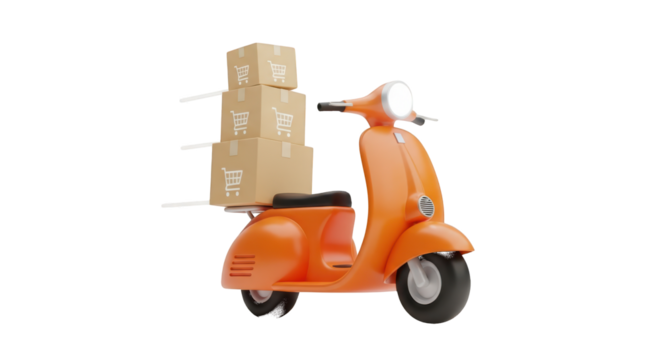 Orange Scooter Delivering Stacked Cardboard Boxes with Shopping Icons delivery transport isolated on a transparent background