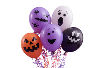 Obraz premium Colorful halloween balloons with spooky faces isolated on transparent background.