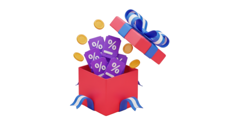 Open red gift box with blue ribbon spilling out discount coupons and coins present isolated on a transparent background