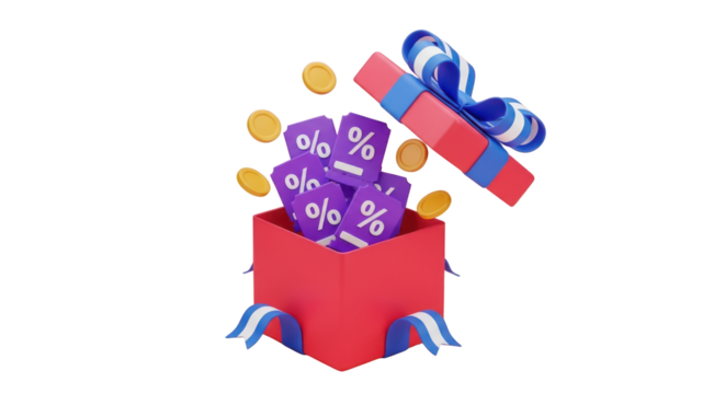 Open red gift box with blue ribbon spilling out discount coupons and coins present isolated on a transparent background