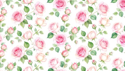Delicate repeating pattern of roses in soft pinks and whites