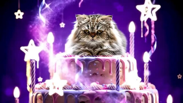 A fluffy cat sits atop a decorated birthday cake with stars and lights, celebrating a special occasion