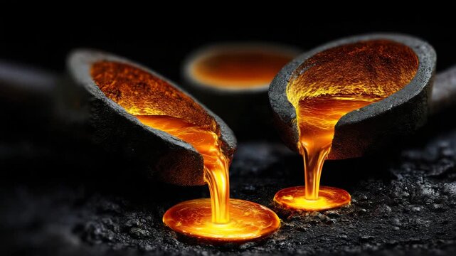 Molten metal pouring from two crucibles in a foundry setting during industrial casting process