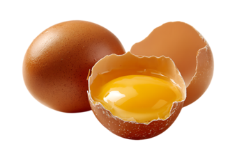 Brown eggs, one whole, one cracked open revealing a vibrant yolk.