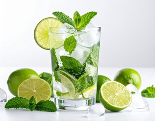 Fototapeta premium Refreshing Mojito Cocktail with Lime, Mint, and Ice Cubes