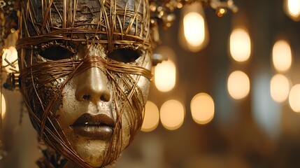 Close-up of a meticulously crafted, ornate mask, featuring intricate copper wirework and a golden metallic surface, set against a backdrop of soft, warm lighting.