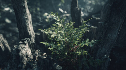 delicate fern unfurling among charred tree stumps after wildfire symbol of regrowth illustration concept scene visual for commercial design use high detail quality stock image illustration concept