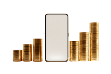Smartphone with rising stacks of coins. Financial success concept.
