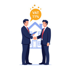 Vector illustration of a customer purchasing a house unit with a percentage (11% VAT) floating above it, infographic style. Plain white background.