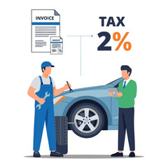 
Vector illustration of a car repair payment with a percentage (2% Tax) and a floating invoice above it, infographic style. Plain white background.