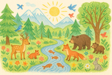 Crayon illustration of a forest ecosystem with animals and natural landscape