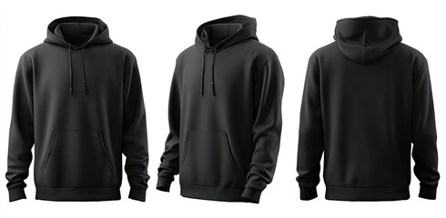 Three views of a black hoodie, front, side, and back (1)