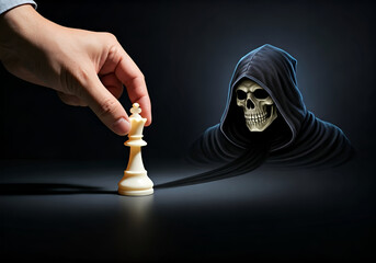 Hand Moving Chess King Piece Towards Grim Reaper Silhouette in Dark Dramatic Game of Life and Death