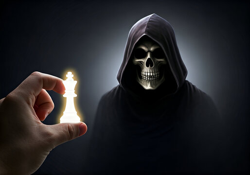 Grim Reapers Grasp on Lifes Final Move, Holding a Glowing Chess King