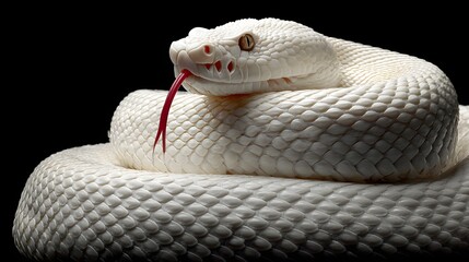 Fototapeta premium A pristine, pure white snake coils elegantly against a stark black backdrop, its intricate scales showcasing a mesmerizing texture.