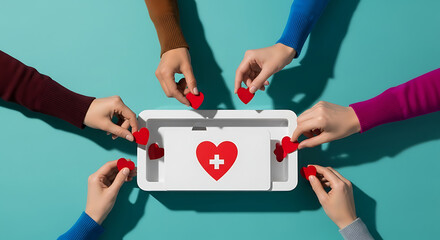Top view of diverse hands placing red heart pieces into a white box with first aid symbol on turquoise background