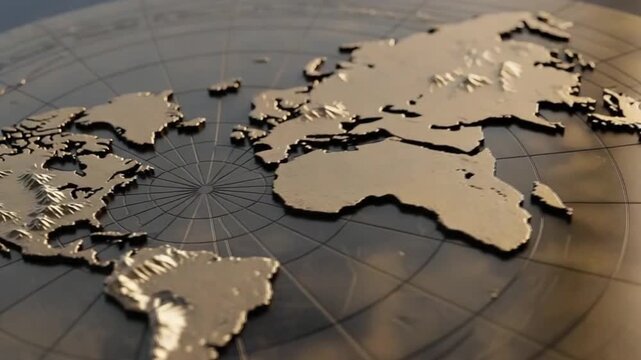 A stylized, metallic world map with raised continents, viewed from an angle focusing on Europe and Africa.