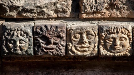 Ornate stone faces carved into a textured, light beige and dark gray stone wall.