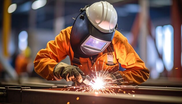 Welder focusing on metalwork