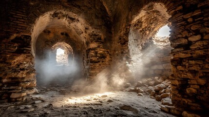 Sunbeams pierce a dusty, ancient ruin, illuminating the interior with a warm glow.