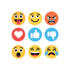 Emoji faces and social media reaction icons vector set showing emotions, likes, dislikes, love, laughter, anger, sadness illustration.