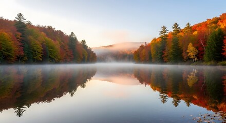 Fototapeta premium Serene Autumn Lake Reflection With Vibrant Foliage and Morning Mist