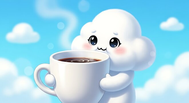 A cute cartoon cloud enjoying a cup of coffee with a blue sky background