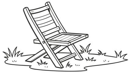 Black and white outline of a wooden folding chair on grass with small plants outdoor furniture