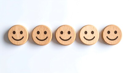 Five wooden smiley faces on a white background