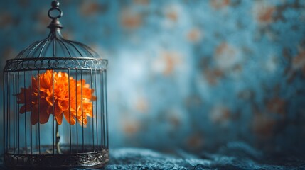 A vibrant orange flower is confined within a decorative metal cage against a teal-toned backdrop.
