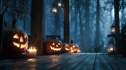 Fototapeta premium Halloween Night Scene: A spooky, illuminated Halloween scene featuring carved pumpkins glowing with an eerie light on a wooden porch, with a misty forest backdrop.