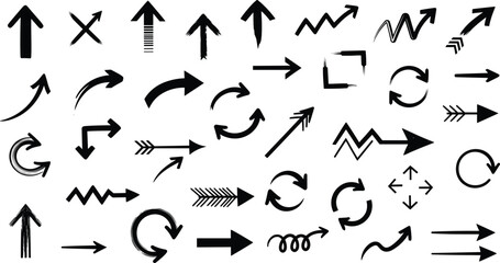 Arrow icon set featuring straight, curved, zigzag, loop, spiral, and brushstroke designs for navigation, infographic, and process flow projects