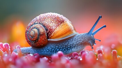 Vibrant snail on colorful flower cluster
