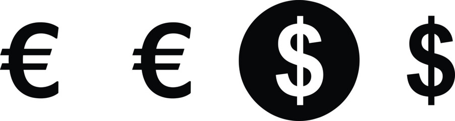 Currency symbols set, black and white vector with Euro and Dollar icons in varied styles, finance, business, money illustration