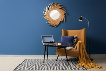 Interior of living room with armchair, coffee table and lamp