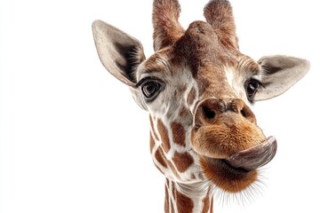 Naklejka premium Close-up of a giraffe's head and neck, tongue sticking out (1)