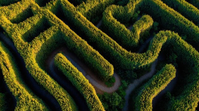 Labyrinthine Pathways: A breathtaking aerial perspective captures the intricate design of a vibrant green maze, showcasing its complex structure and winding paths with a touch of natural wonder.