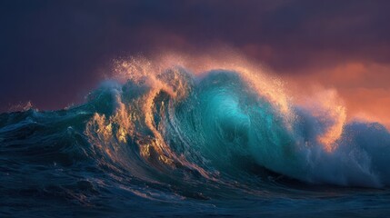 Ocean Majesty: Witness the raw power and captivating beauty of the ocean, where a colossal wave crests with unparalleled might, illuminated by the fading light of day. 