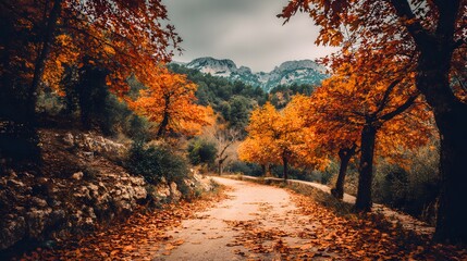 A scenic autumnal pathway winds through a vibrant forest, framed by trees ablaze with fiery foliage under a cloudy sky.