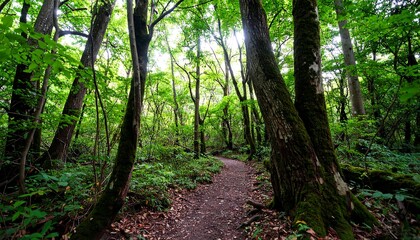 Fototapeta premium Lush forest path. Sunlight filters through the canopy