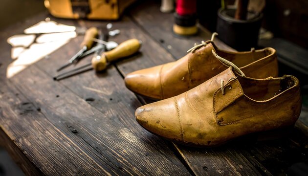 Aged leather shoes on a workbench - Powered by Adobe