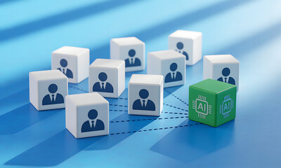 White cubes with human icons connected to green artificial intelligence cube on blue surface