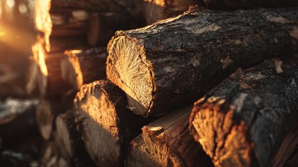 Fototapeta premium Rustic Firewood Stack: A detailed image showcases a meticulously arranged stack of seasoned firewood, catching the warm glow of sunlight. Embracing the natural beauty and warmth of raw.