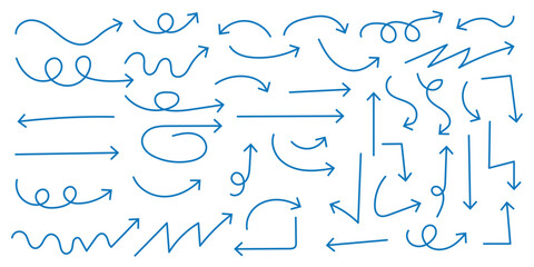 Squiggly red arrow set. Chalk elements in flat style. Doodle movement spiral arrows, scribble, lines. Hand drawn pencil brush for icon, children sketch. Vector illustration on white background