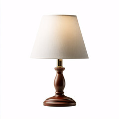 Bedside lamp with glowing white lampshade isolated on pure white background.