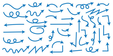 Hand-drawn navy blue arrows collection. Diverse directional elements including curved, wavy, spiral, straight, and zigzag arrows on white background. Perfect for presentations, infographics, flowchart