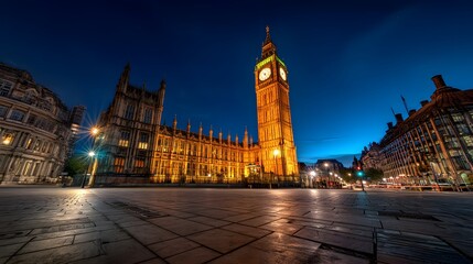 Obraz premium Illuminated English Parliament Buildings at night, showcasing Big Ben's golden glow against a clear dark blue sky.
