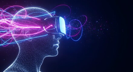 Man wearing VR glass with digital blue and pink abstract wave and dot dark background