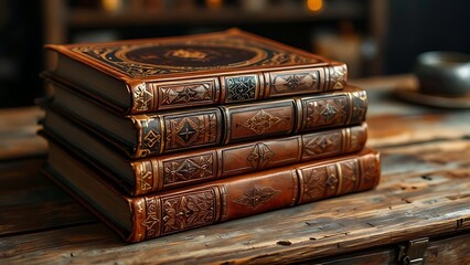 Stack of antique leather bound books with ornate patterns on bookshelf, ideal for vintage decor, retro education themes, and historical literature designs